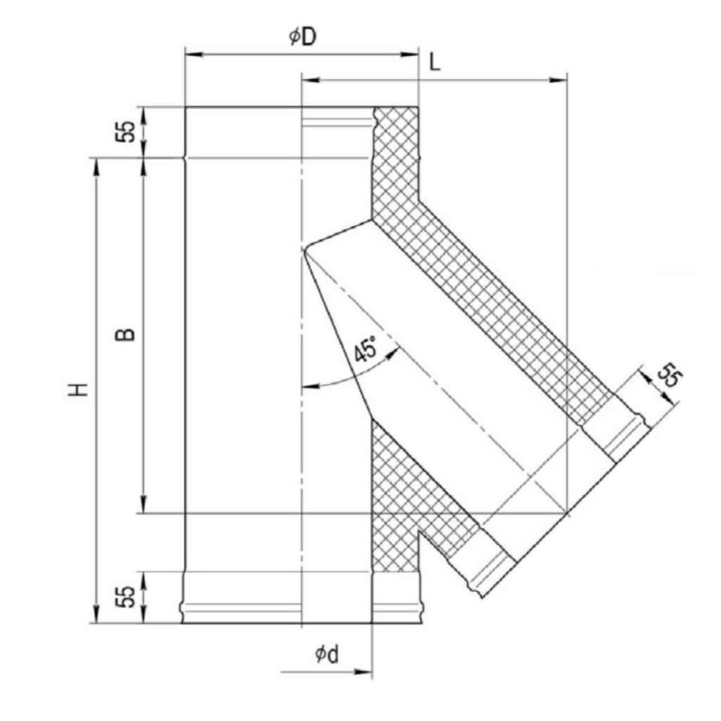 Тройник для дымоходов Ferrum d 160x250 мм, угол 135 гр.,  сталь 0.5 мм, сэндвич-конструкция