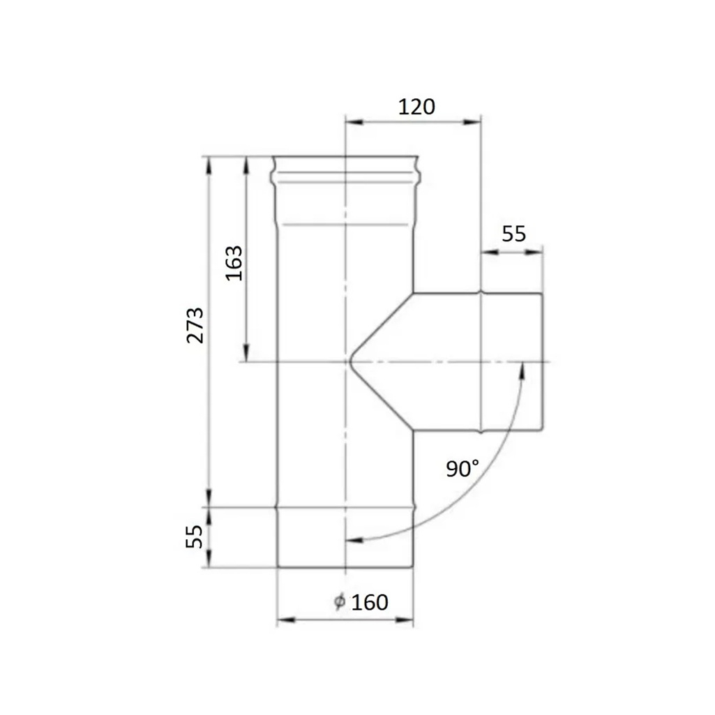 Тройник Д для дымоходов Ferrum d 160, угол 90 гр., сталь 0.5 мм, одностенный
