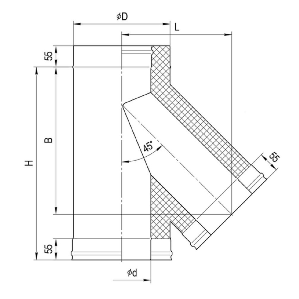 Тройник для дымоходов Ferrum d 130x200 мм, сталь 0.5 мм, 135 гр., сэндвич-конструкция