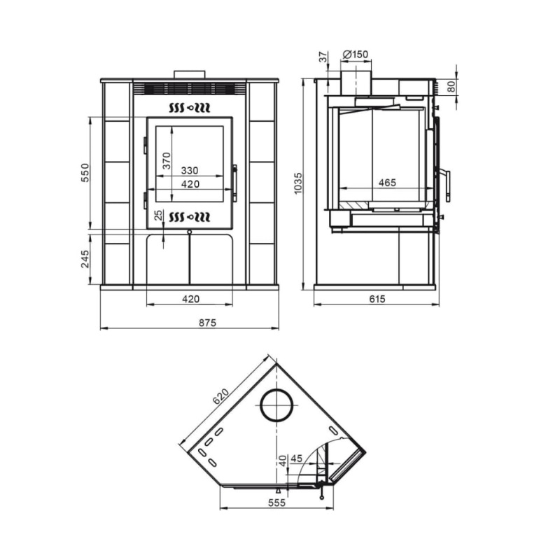 Печь-камин Везувий ASTON, угловой, 11 кВт d150 мм, до 180 куб.м