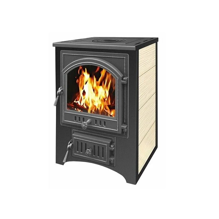 Печь-камин Везувий ПК-01 дверка 205, с плитой, керамическая плитка бежевая, 12 кВт, d150 мм, до 200 куб.м