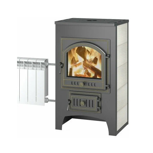 Печь-камин Везувий ПК-01 дверка 205, с плитой, керамическая плитка бежевая, 12 кВт, d150 мм, до 200 куб.м