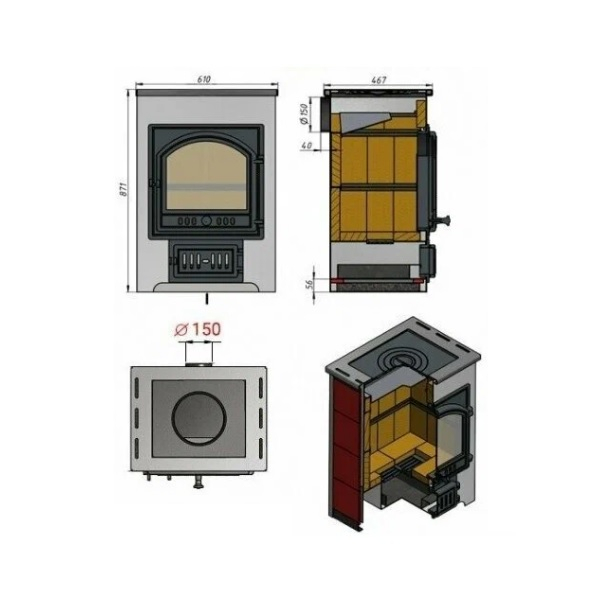 Печь-камин Везувий ПК-01 дверка 205, с плитой, керамическая плитка бежевая, 12 кВт, d150 мм, до 200 куб.м