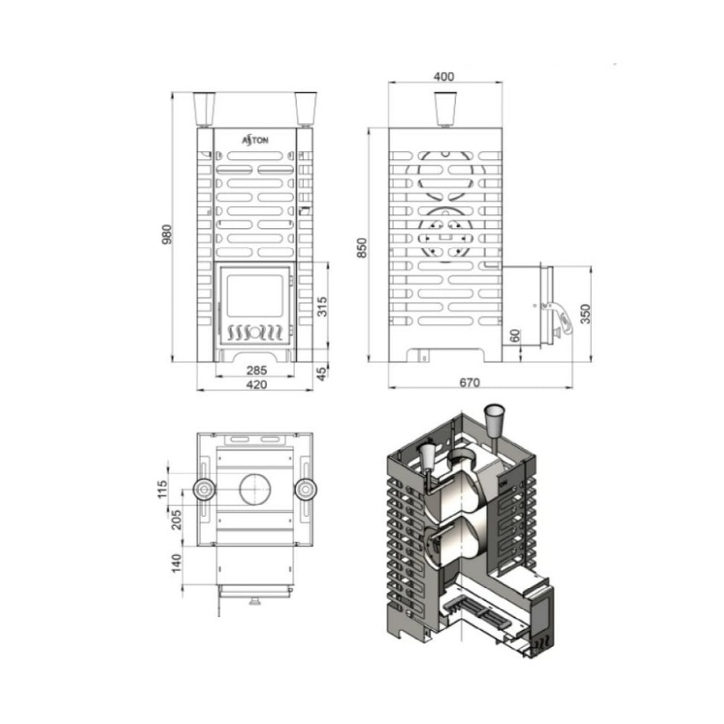 Печь для бани Везувий Aston 20 INOX стекло, 20 кВт, d115 мм, до 22 м3