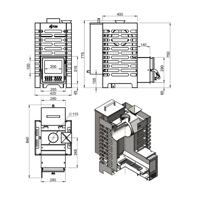 Печь для бани Aston 16 Аква, дверца со стеклом 16 кВт, d 115 мм, до 18 куб.м