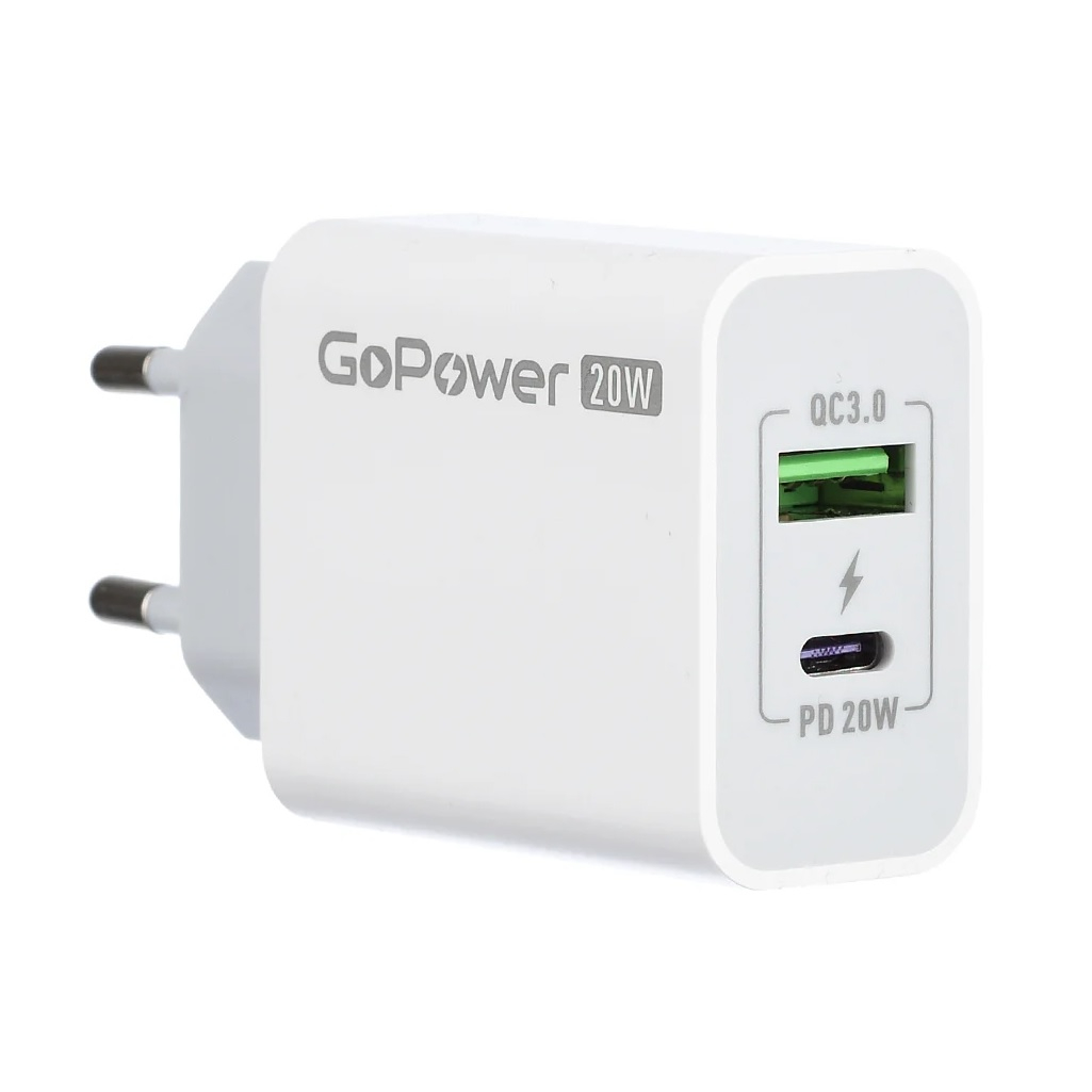 Устройство зарядное GoPower GPQC08, сетевое 1USB+1Type-C 20W QC3.0, белое