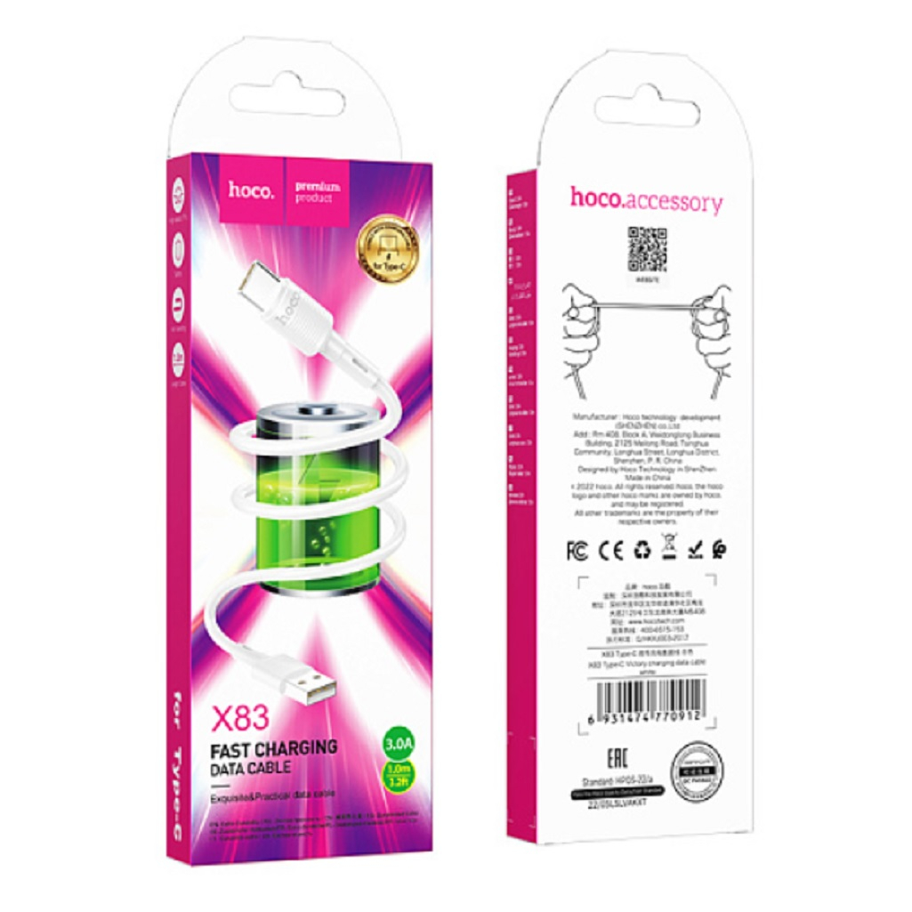 Шнур Hoco X83 для Type-C Для быстрой зарядки, 5В, 3А, 1 м, белый