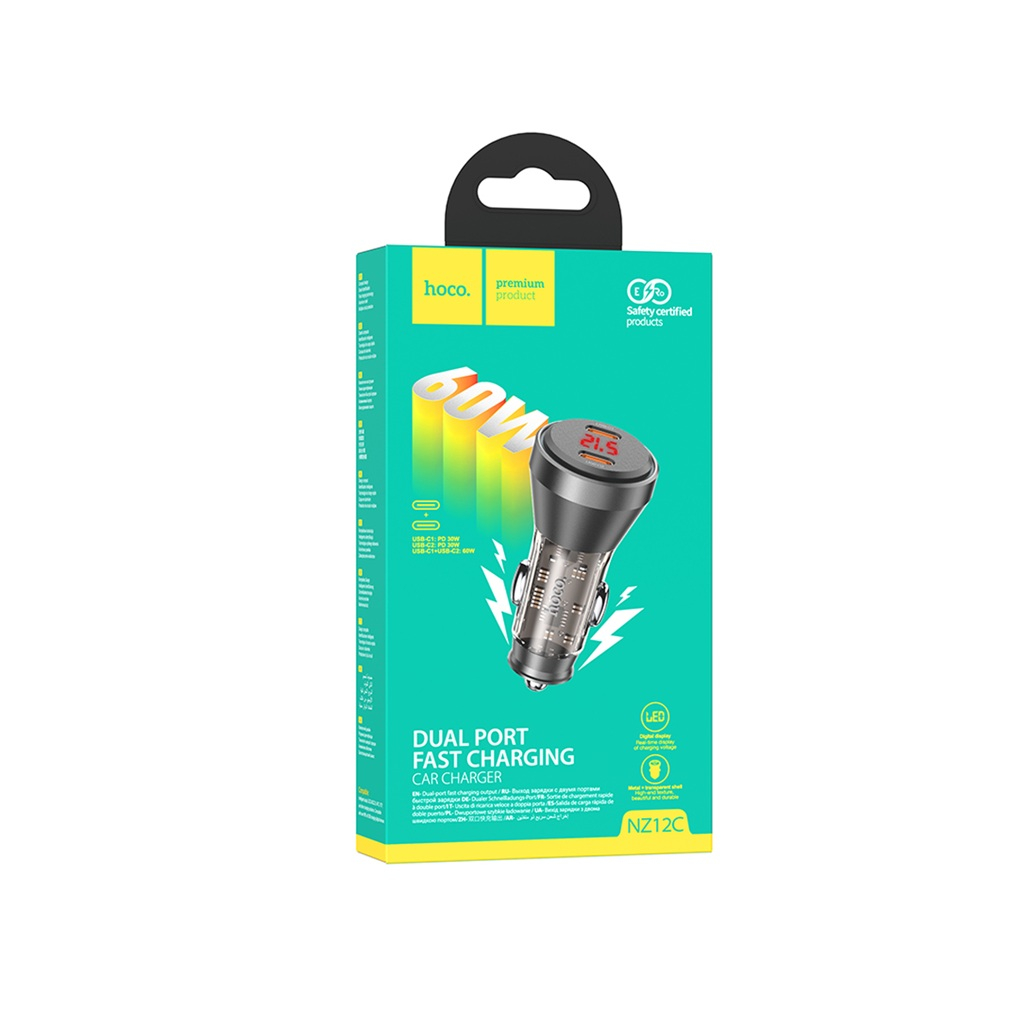 Блок зарядный автомобильный Hoco NZ12C 2xUSB-C, 60 Вт, черный