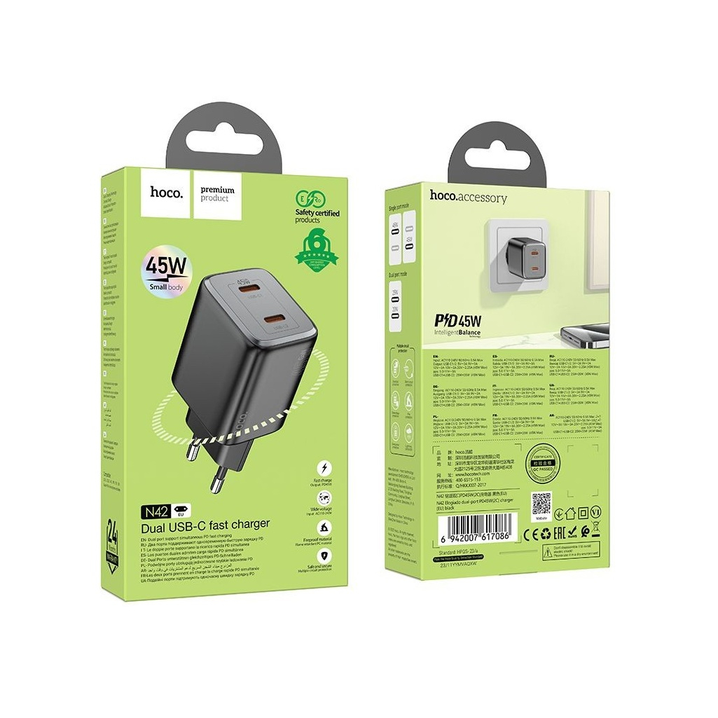 Устройство зарядное для телефона Hoco N42 2xUSB type-C, черный