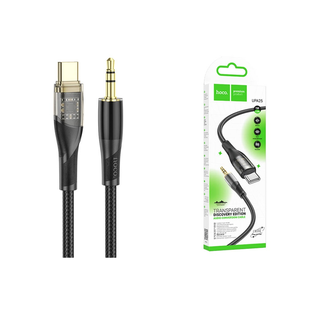 Кабель Hoco UPA25 AUX 3.5 мм Type-C 1 м, нейлоновая оплетка, черный