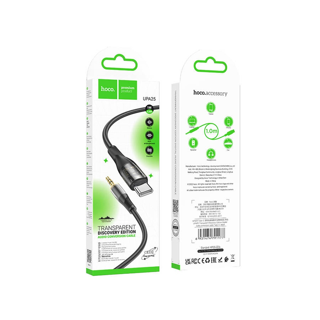 Кабель Hoco UPA25 AUX 3.5 мм Type-C 1 м, нейлоновая оплетка, черный