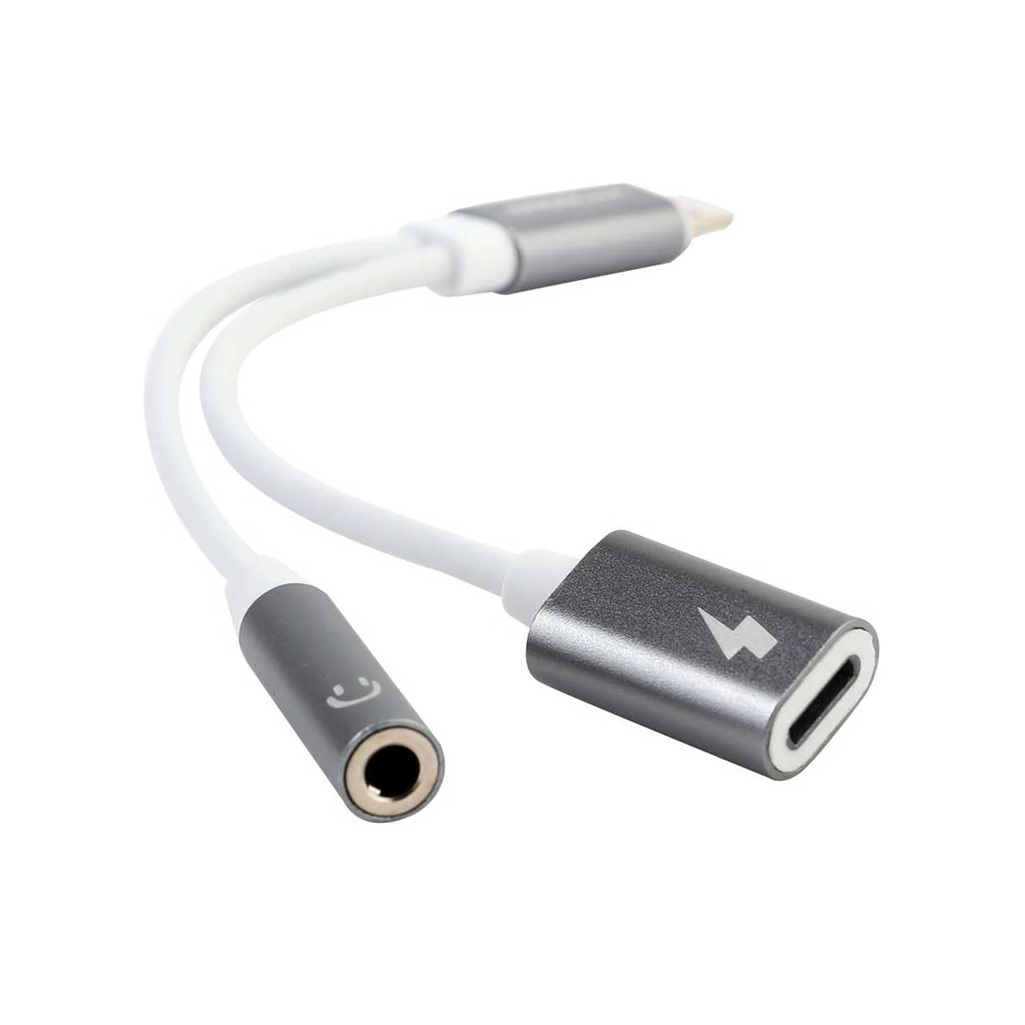 Переходник звук+зарядка Ergolux ELX-CSA01-C01 Lightning 3.5 мм, блистер, белый с серебром