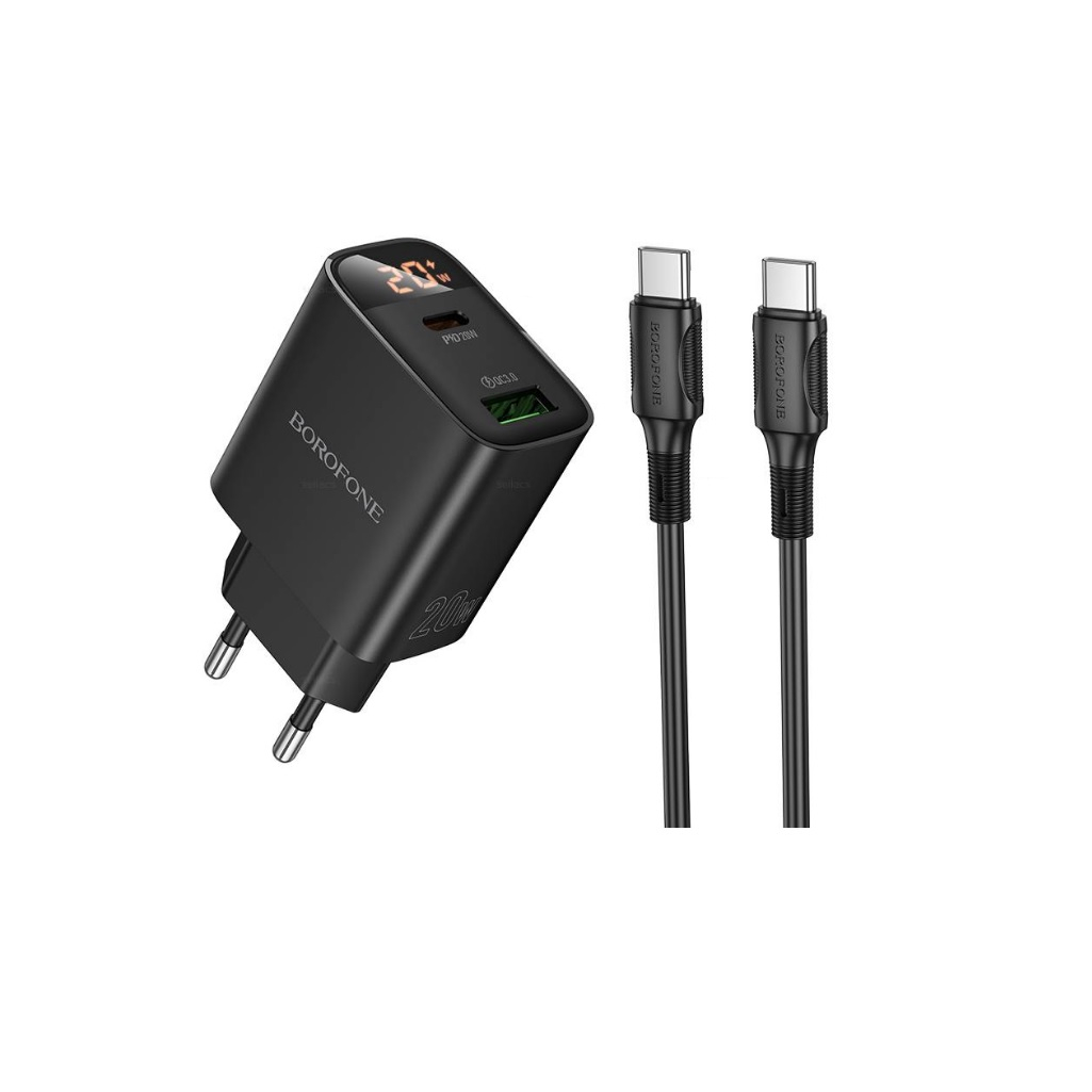 Блок зарядный Borofone BA96A, USB-Type-C, Type-C-Lightning, 3 А, 2 разъема, цифровой дисплей, черный