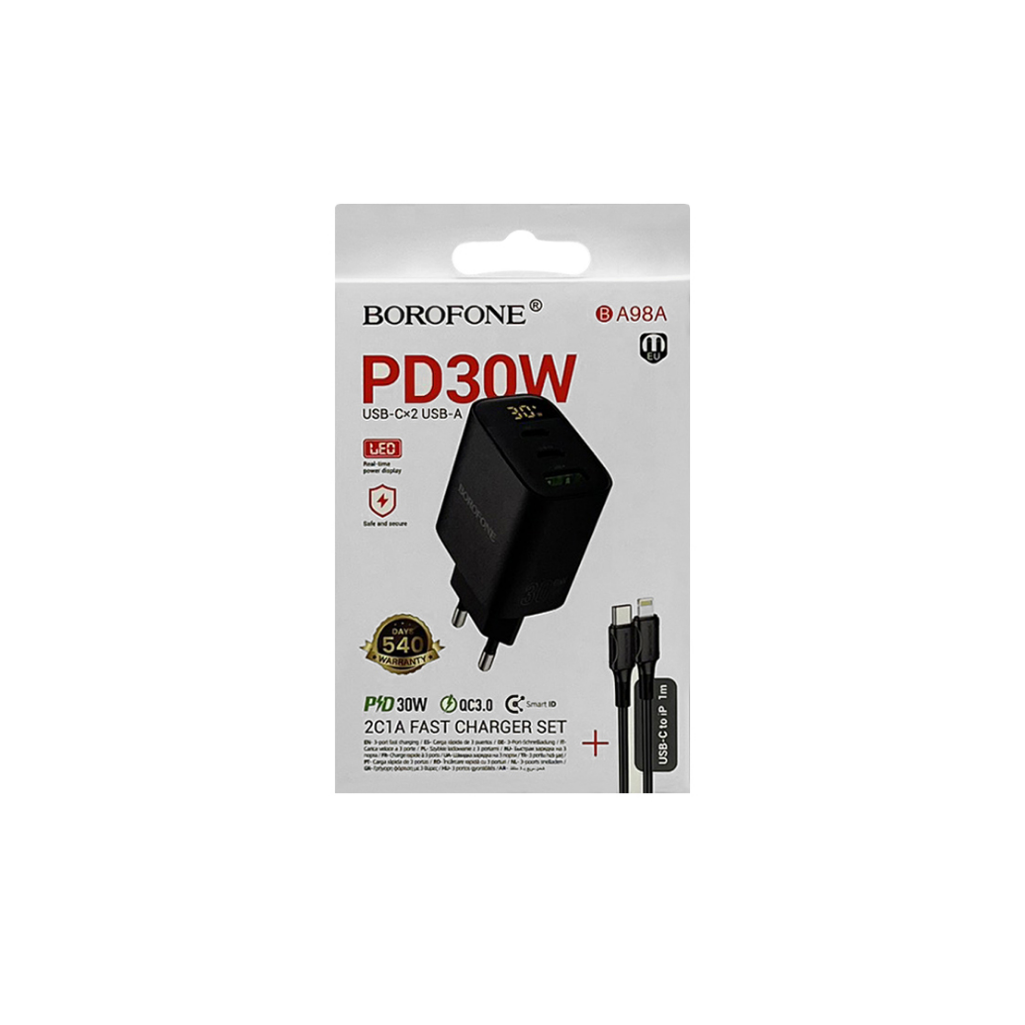Блок зарядный Borofone BA98A, PD30W, 2C1A, 3 разъема, цифровой дисплей, черный