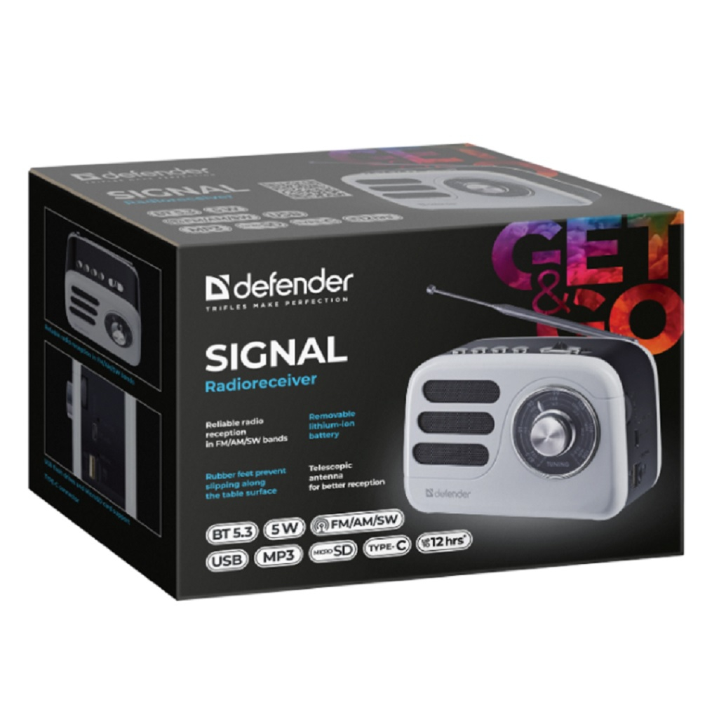 Радиоприемник Defender Signal microSD bluetooth, кабель Type-C, черный, белый