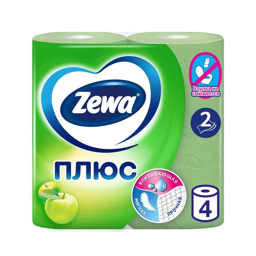 Бумага туалетная Zewa плюс, яблоко, 2 слоя, 4 рулона