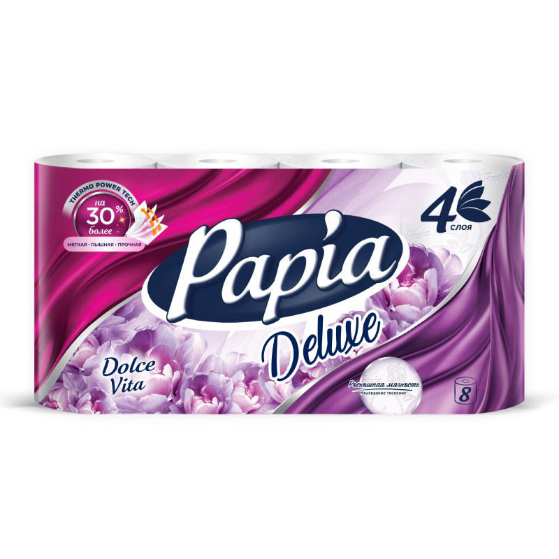 Бумага туалетная Papia Deluxe с ароматом Dolce Vita, 4 слоя, 8 рулонов