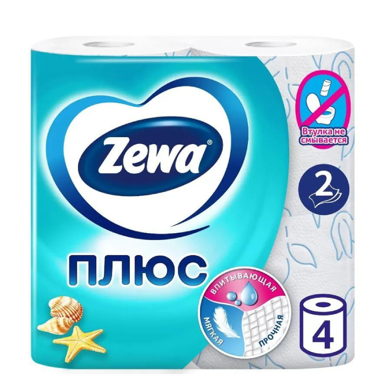 Туалетная бумага Zewa Plus Свежесть океана, 2 слоя, 4 рулона