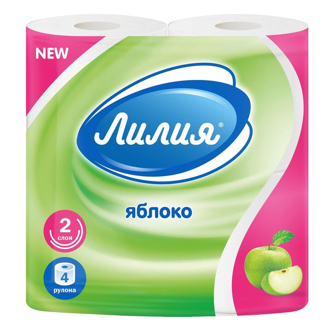 Туалетная бумага Лилия, яблоко, 2 слоя, 4 рулона