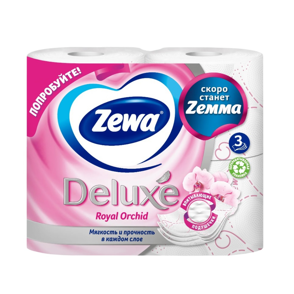 Бумага туалетная Zewa Deluxe Орхидея, трех слойная, 4 рулона в пачке