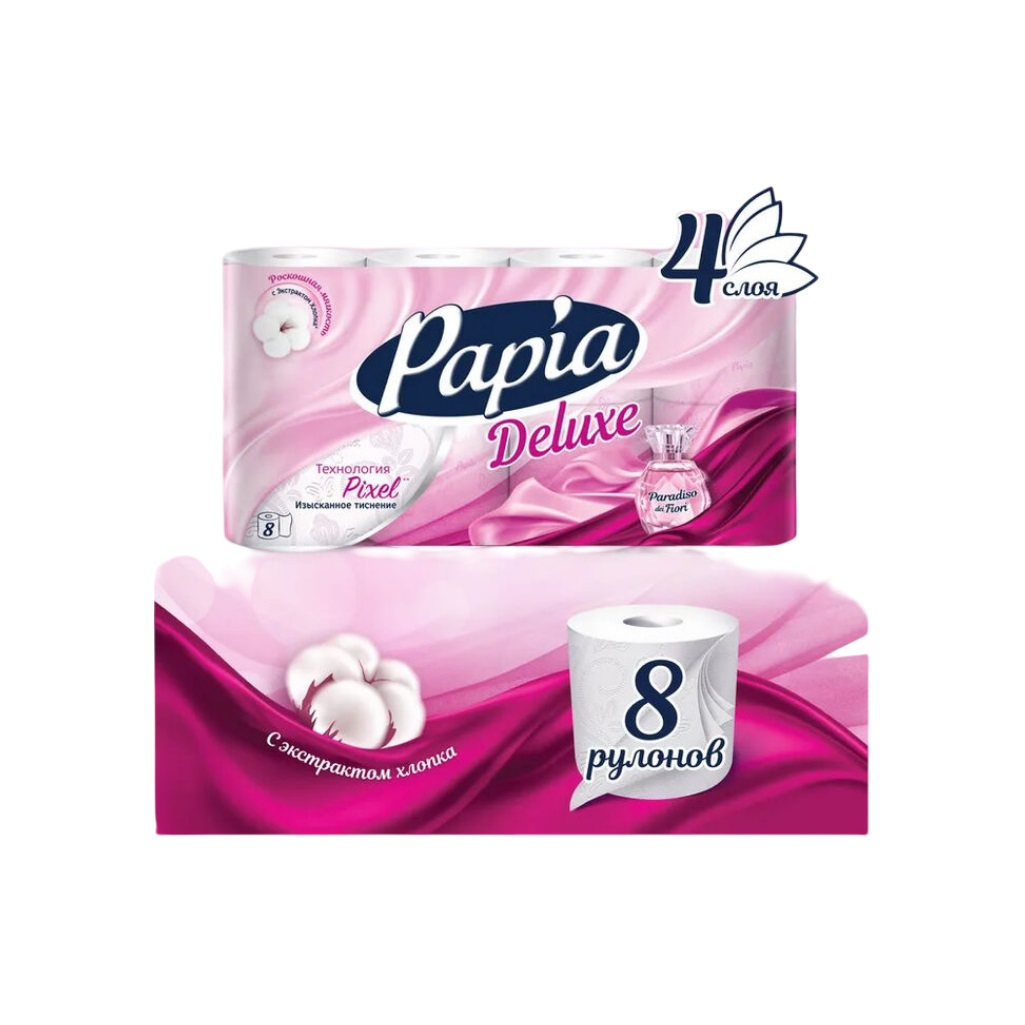 Туалетная бумага Papia Deluxe, аромат Paradiso Fiori, белая, четырёхслойная, 8 рулонов