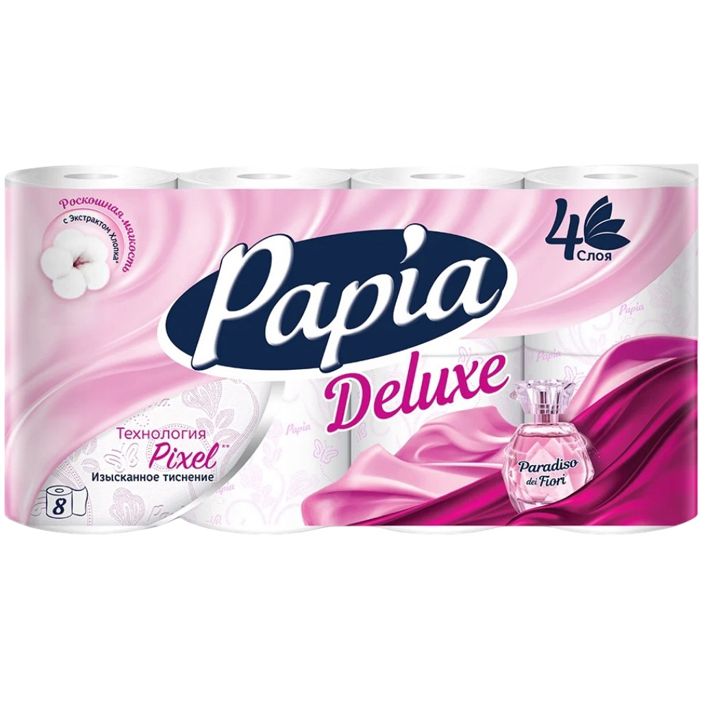 Туалетная бумага Papia Deluxe, аромат Paradiso Fiori, белая, четырёхслойная, 8 рулонов