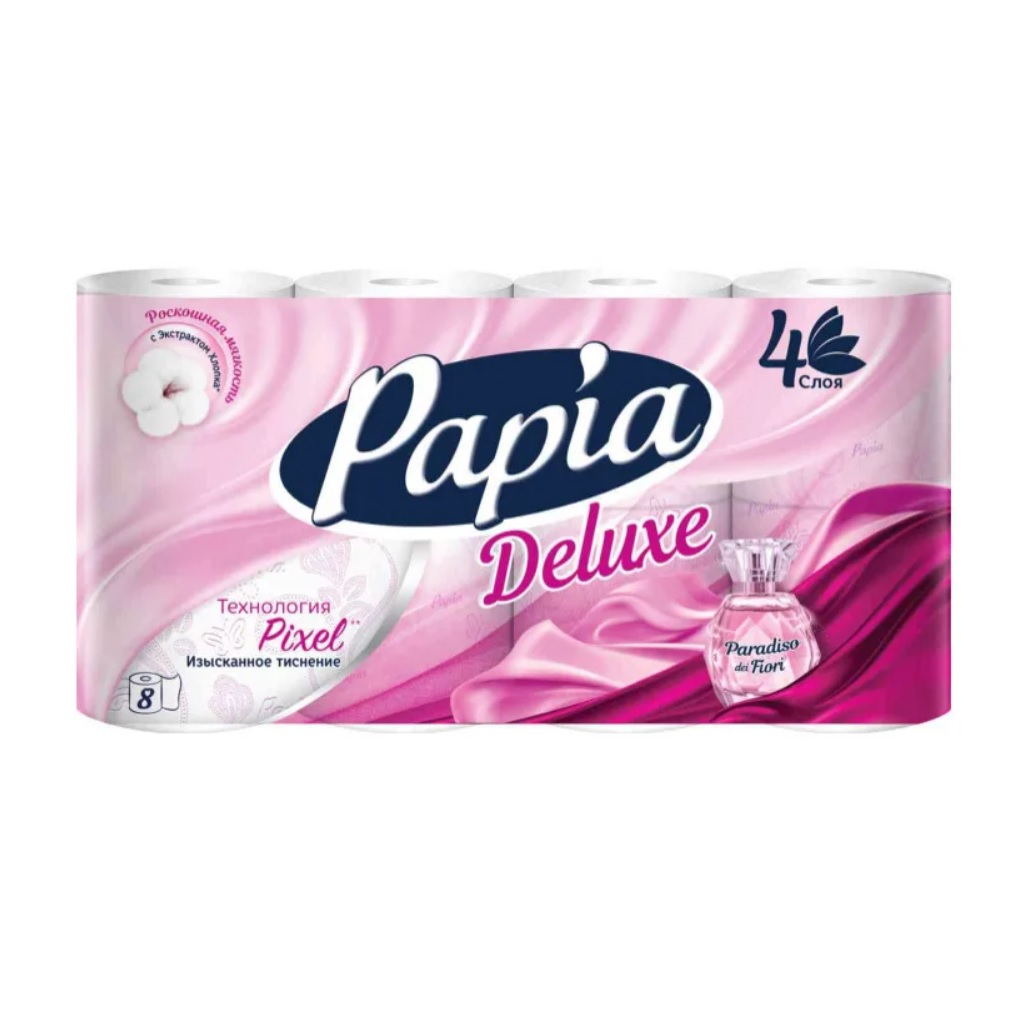 Туалетная бумага Papia Deluxe, аромат Paradiso Fiori, белая, четырёхслойная, 8 рулонов