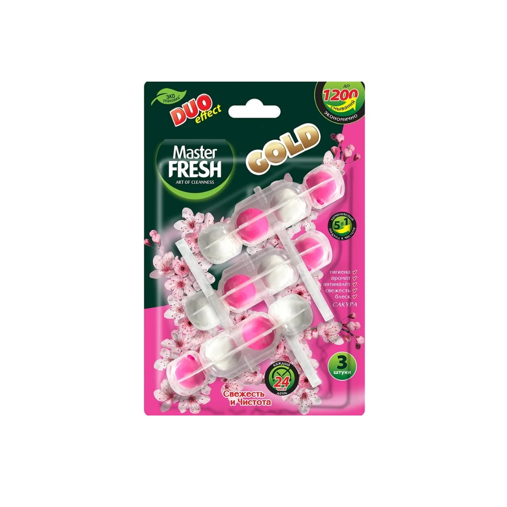 Блок подвесной для унитаза Master Fresh Duo Effect Gold, Сакура, 5 в 1, 1200 смываний, 3 шт
