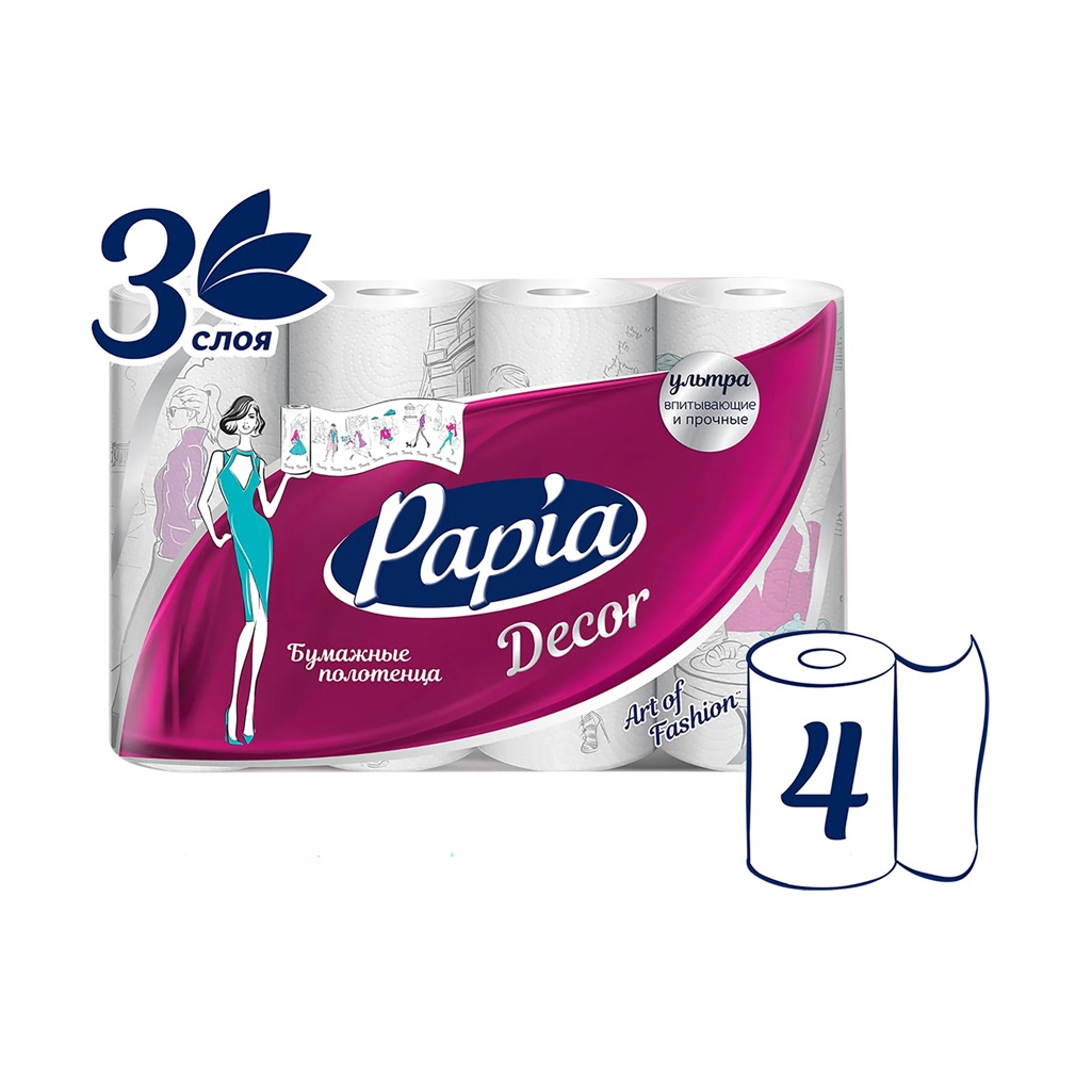 Полотенца бумажные Papia Decor, 3 слоя, 83 листа, 4 рулона, белые