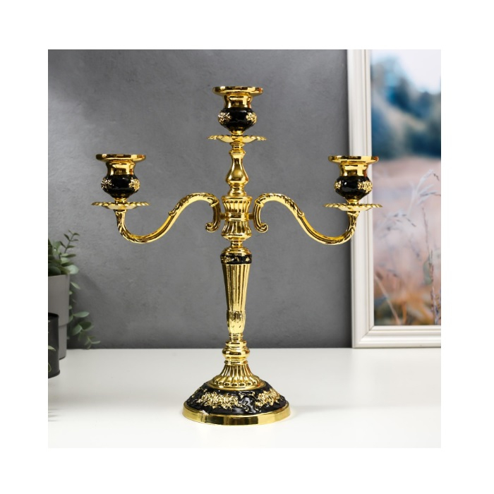 Подсвечник Розарий на 3 свечи золото, чёрная эмаль 35.5х32х12 см