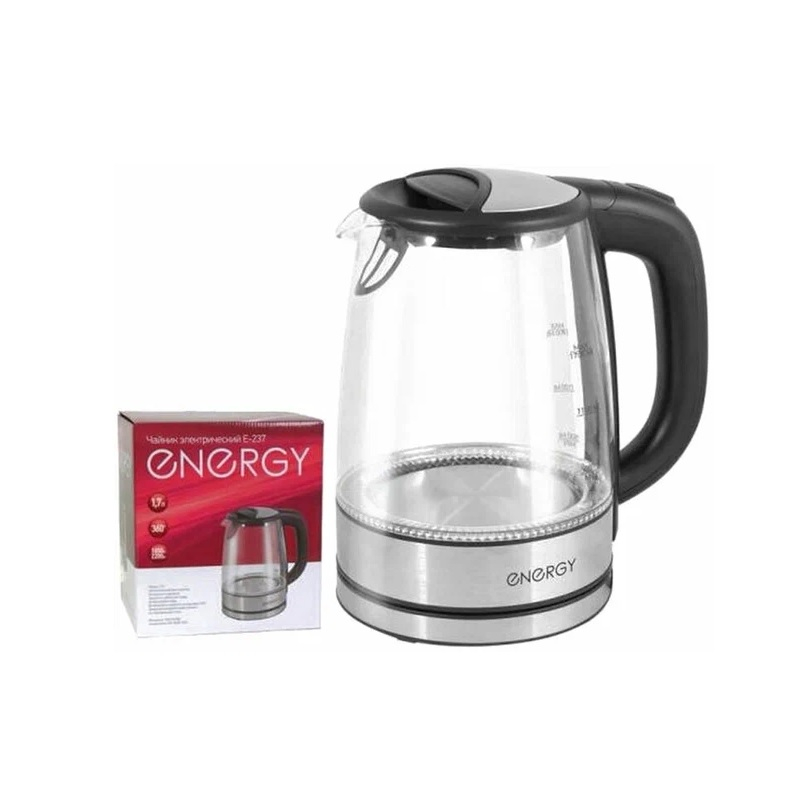 Чайник электрический Energy E-237 1.7 л, 2.2 кВт, стекло, серебристый