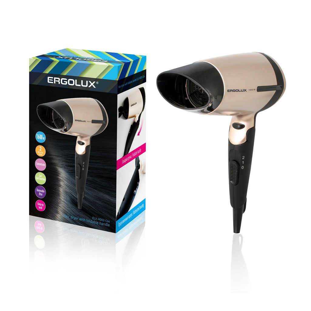 Фен Ergolux ELX-HD02-C64 со складной ручкой, 1600 Вт, черный с золотым