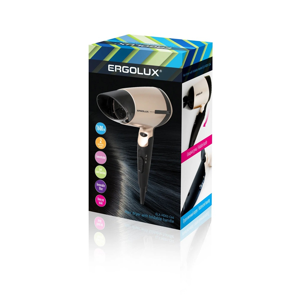 Фен Ergolux ELX-HD02-C64 со складной ручкой, 1600 Вт, черный с золотым