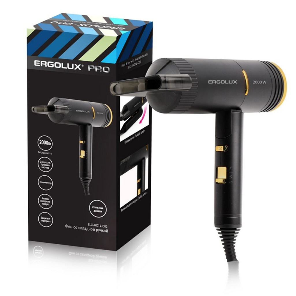 Фен Ergolux ELX-HD14-C02 PRO со складной ручкой, 2000 Вт, черный с золотым