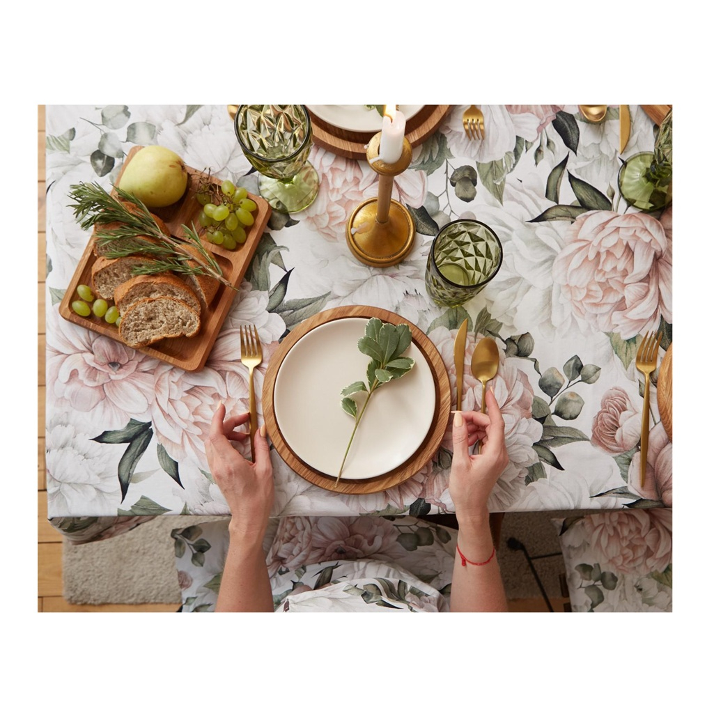 Скатерть Этель Пионы 5376620, хлопок, саржа, розовый с зеленым, 149х220 см