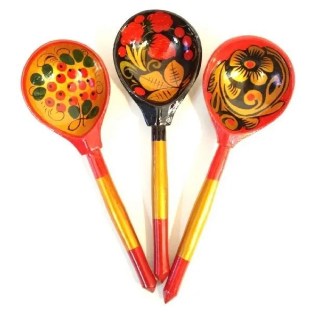 Ложка столовая деревянная Хохлома 19 см, матовая, красная, оранжевая