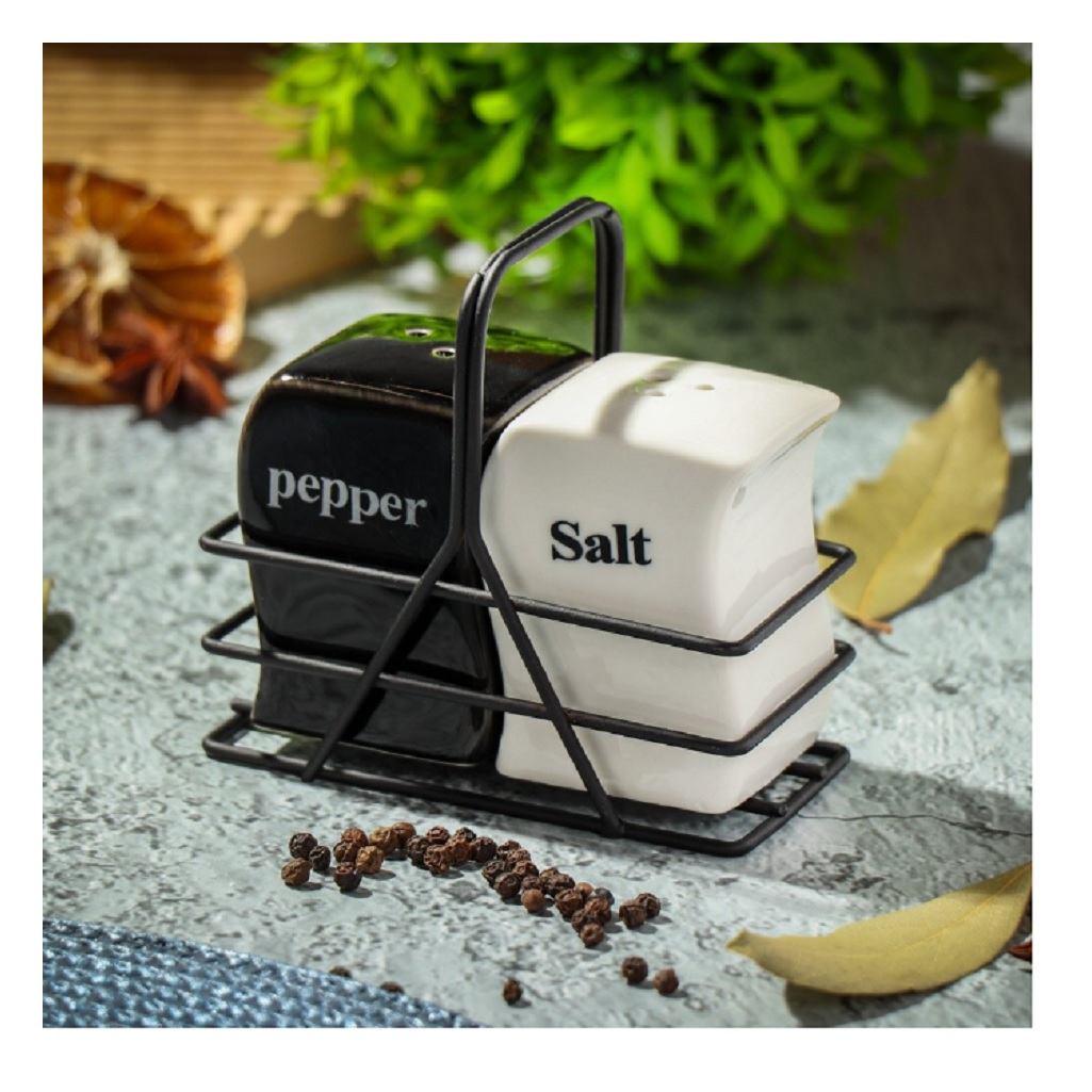 Набор для специй на подставке, керамика, соль-перец, бело-черный, 2 шт.