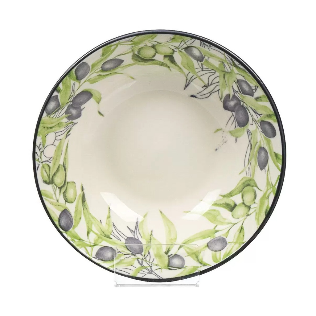 Тарелка МФК Оливки суповая, фарфор, бежевая с зеленым, 18 см