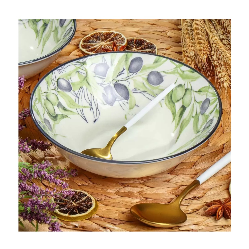 Тарелка МФК Оливки суповая, фарфор, бежевая с зеленым, 18 см