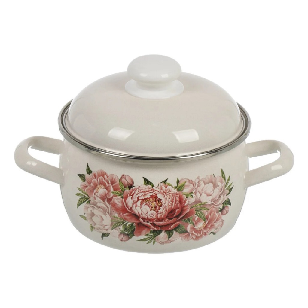 Кастрюля эмалированная Лысьва Букет пионов 2 л