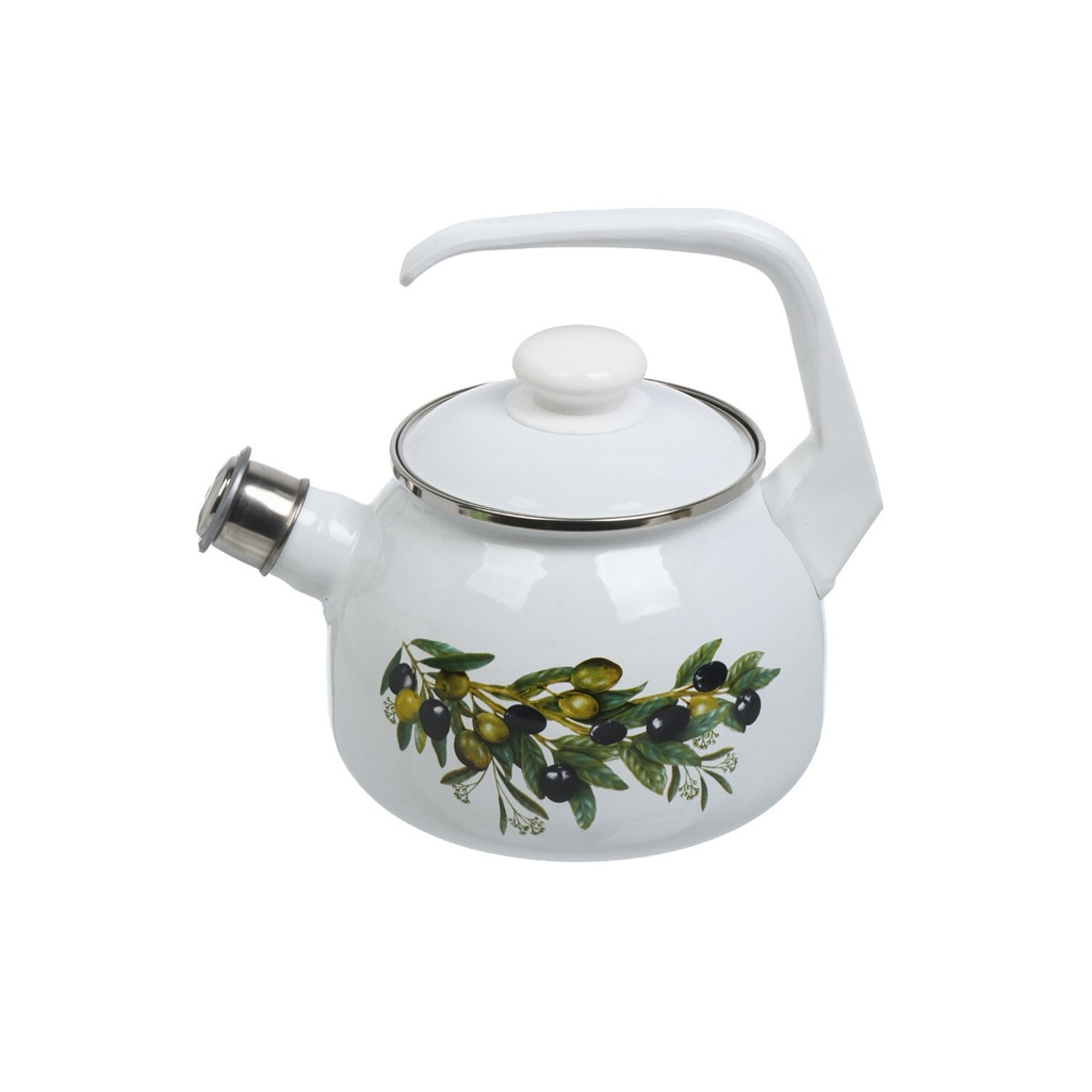 Чайник со свистком эмалированный Лысьва С-2711АП/4 Оливковая ветвь индукция, белый 2.5 л