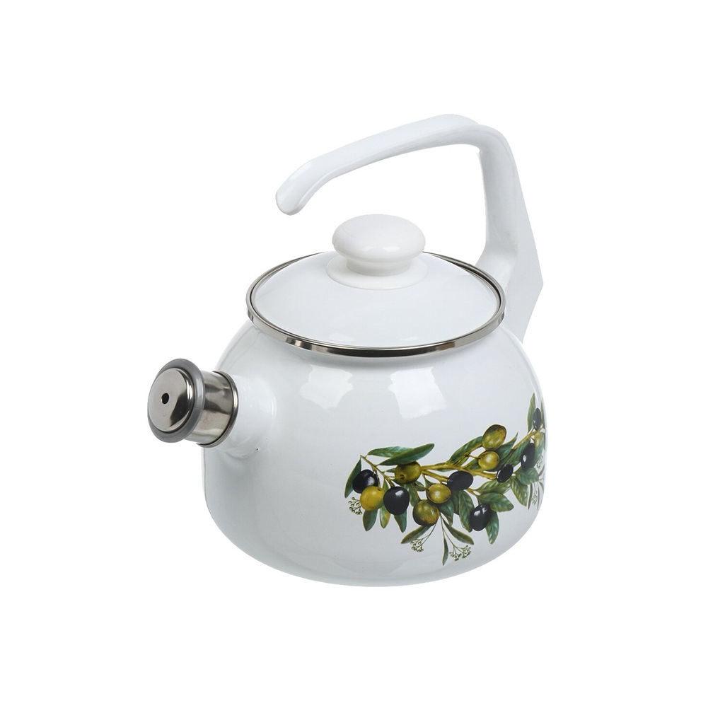 Чайник со свистком эмалированный Лысьва С-2711АП/4 Оливковая ветвь индукция, белый 2.5 л
