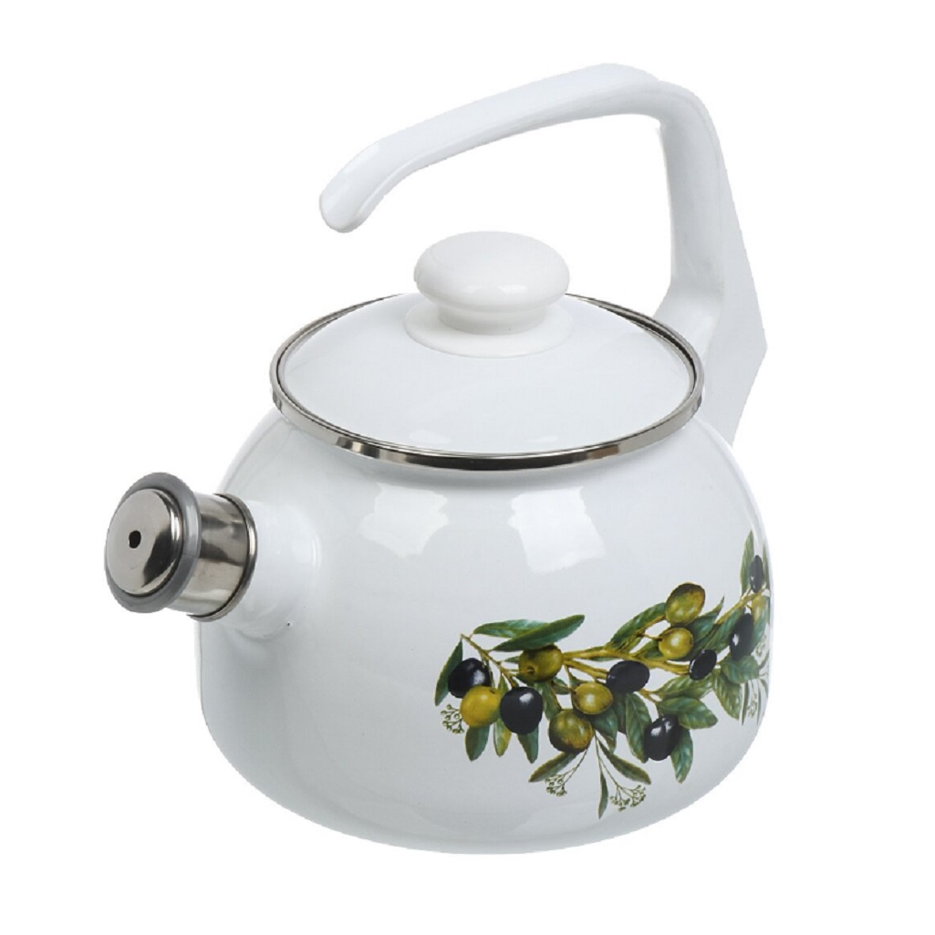 Чайник эмалированный Лысьва Оливковая ветвь 2.5 л, со свистком, с кнопкой