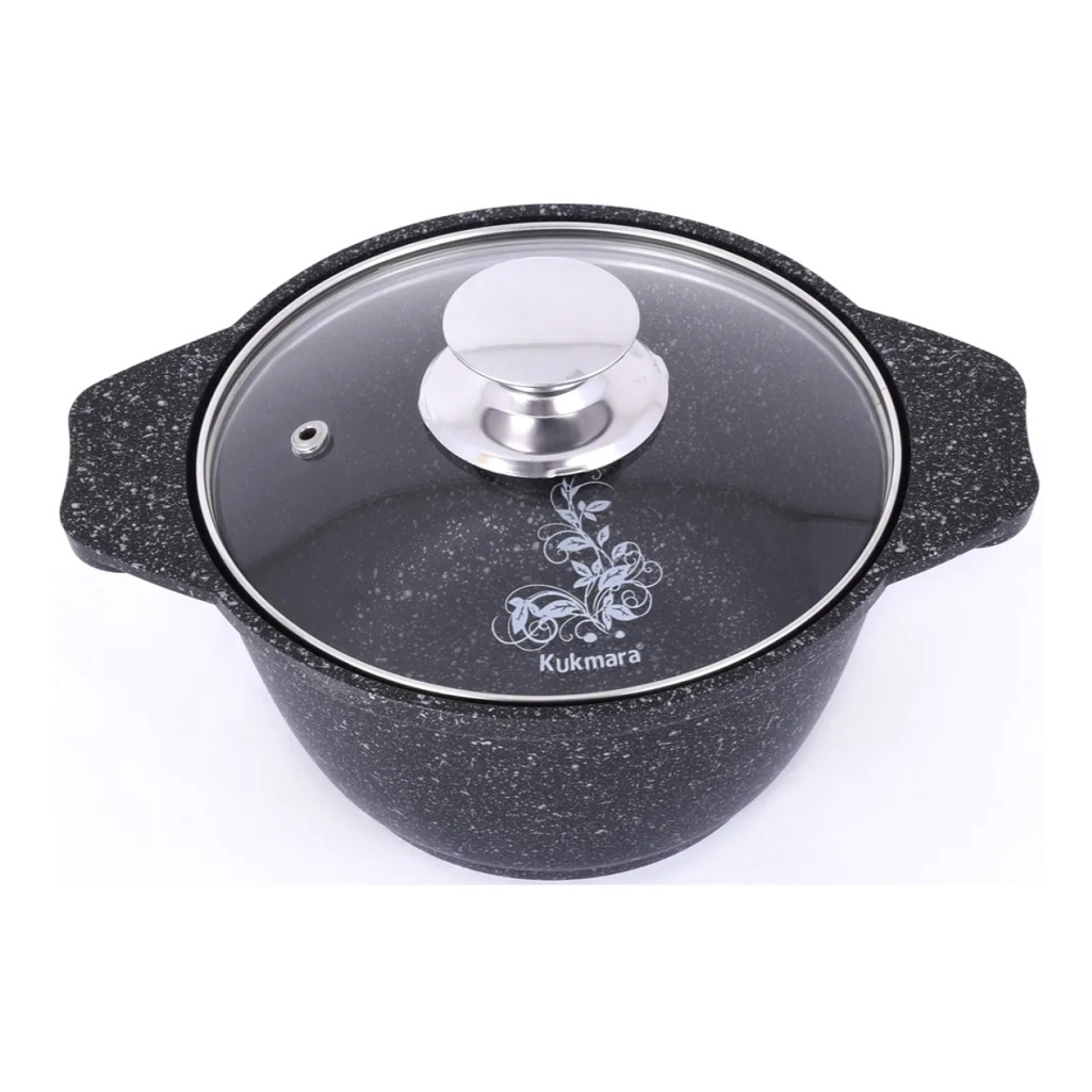 Кастрюля Kukmara КМТ12А со стеклянной крышкой, эргономичные ручки, тёмный мрамор, 1 л
