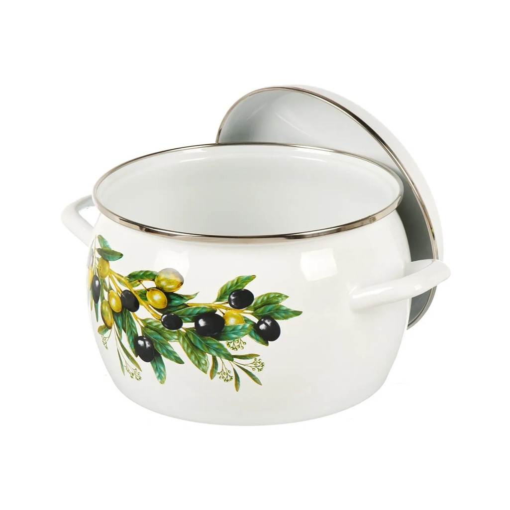 Кастрюля эмалированная ЛЗЭП С-4213АП2/4 Оливковая ветвь с крышкой, белая, 3.5 л