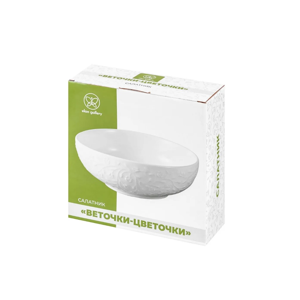 Салатник Elan Gallery Веточки-цветочки, 20.5х20.5х7.5 см, 1 л, фарфор, белый, 630071