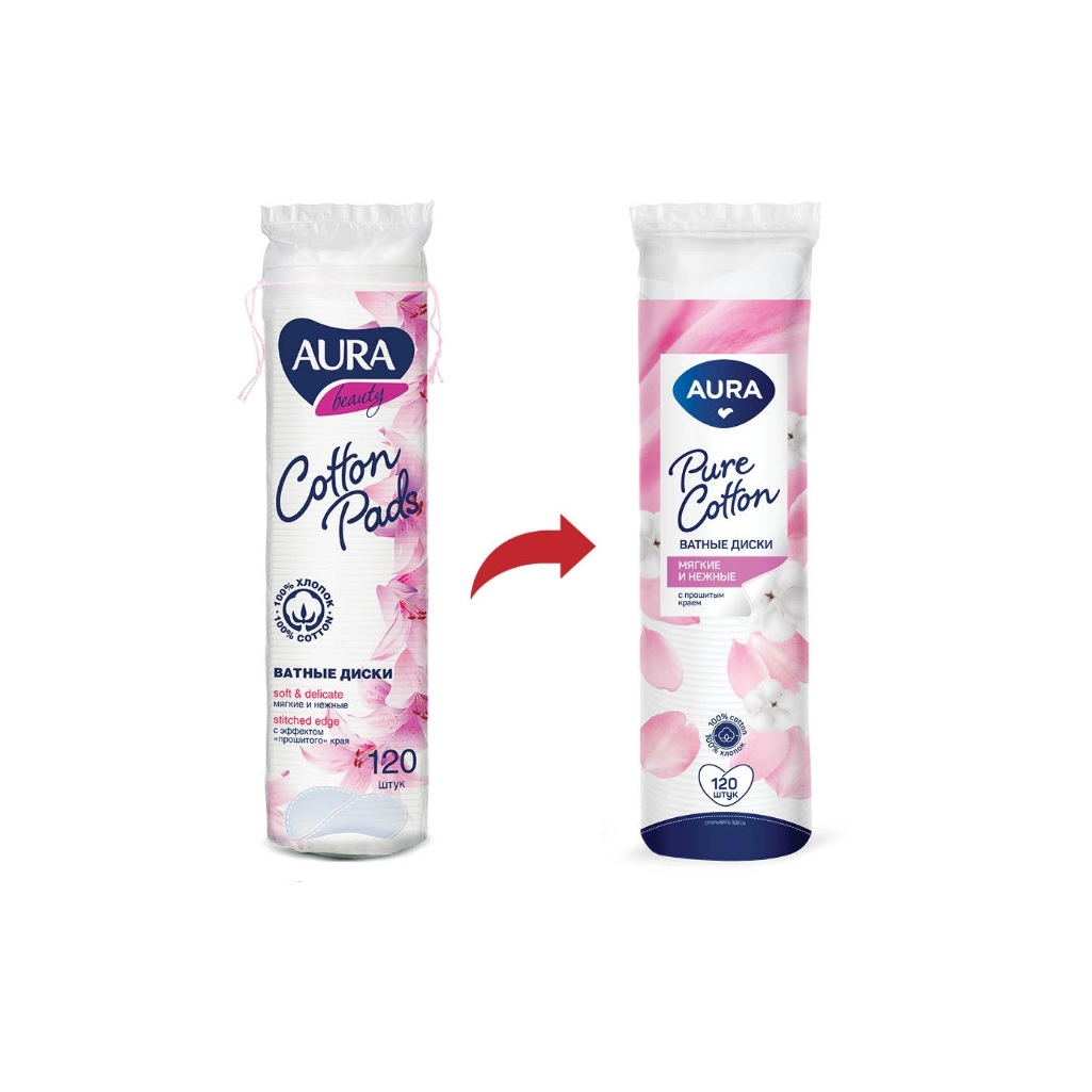 Ватные диски Aura, хлопок, мягкие и нежные, прошитый край, 120 штук