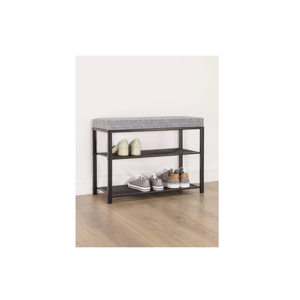 Банкетка для обуви ЗМИ Торонто 23S, 2 полки, мягкое серое сиденье, металлический каркас черный, 67х30х49 см