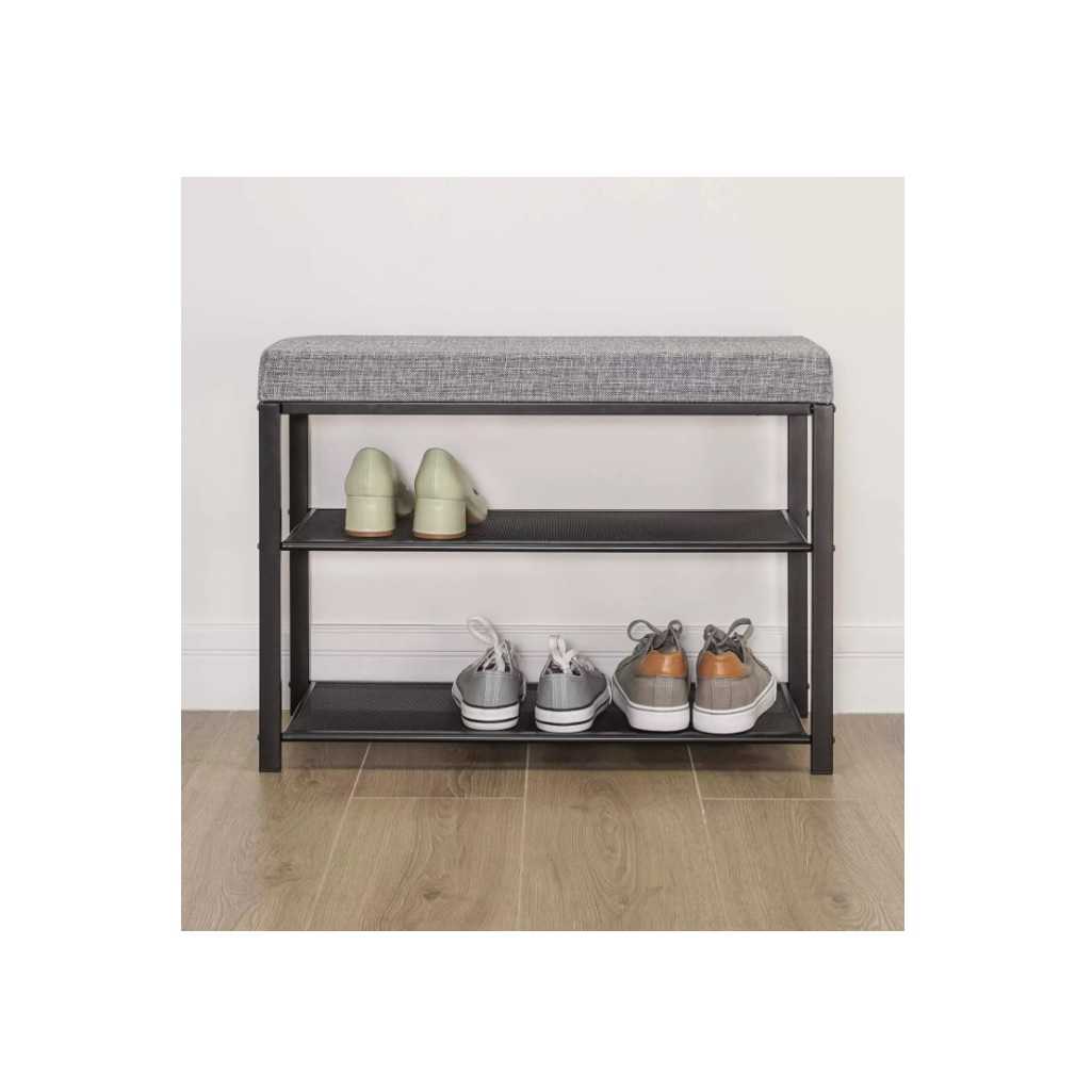 Банкетка для обуви ЗМИ Торонто 23S, 2 полки, мягкое серое сиденье, металлический каркас черный, 67х30х49 см