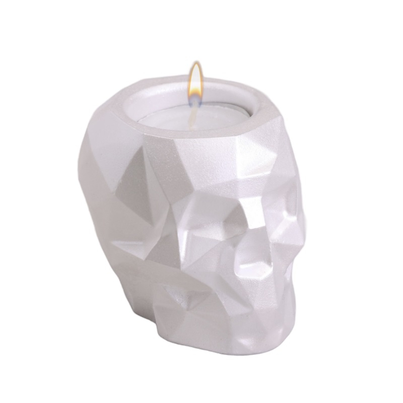 Подсвечник Череп из гипса с гранями, 6х9х6,5см, белый перламутр